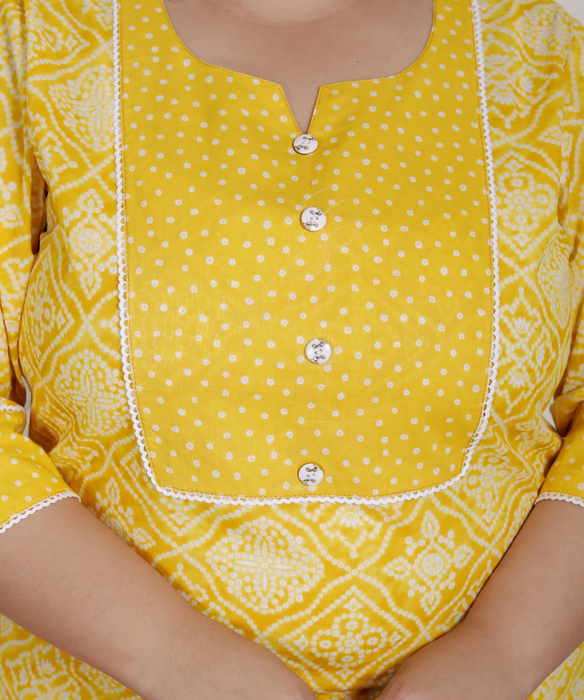 Plus Size Yellow Cotton Printed Kurta Pant Set with Dupatta-200086