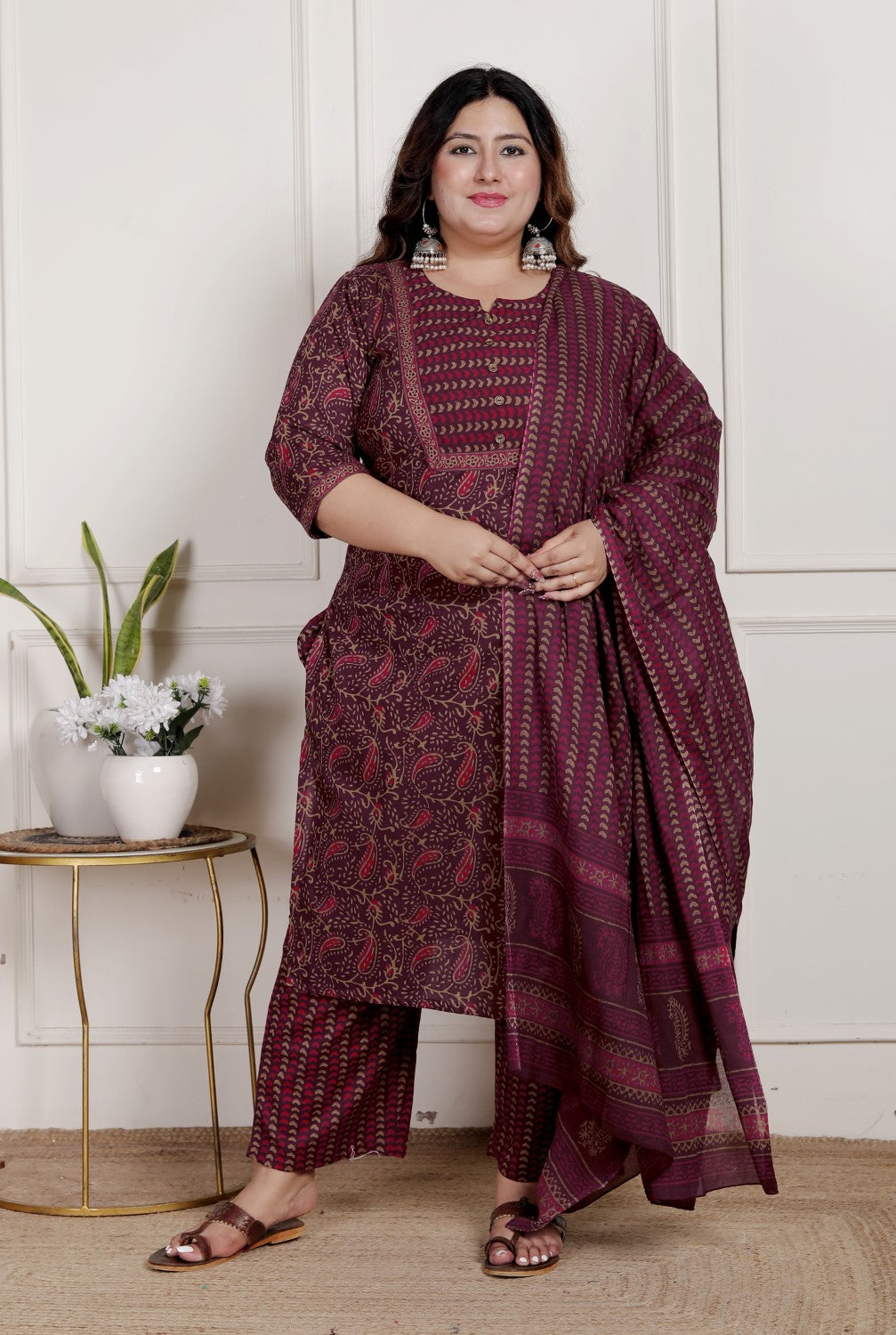 Plus Size Purple Cotton Printed Kurta Pant Set with Dupatta-200087 Main image
