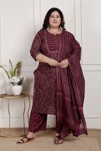 Plus Size Purple Cotton Printed Kurta Pant Set with Dupatta-200087