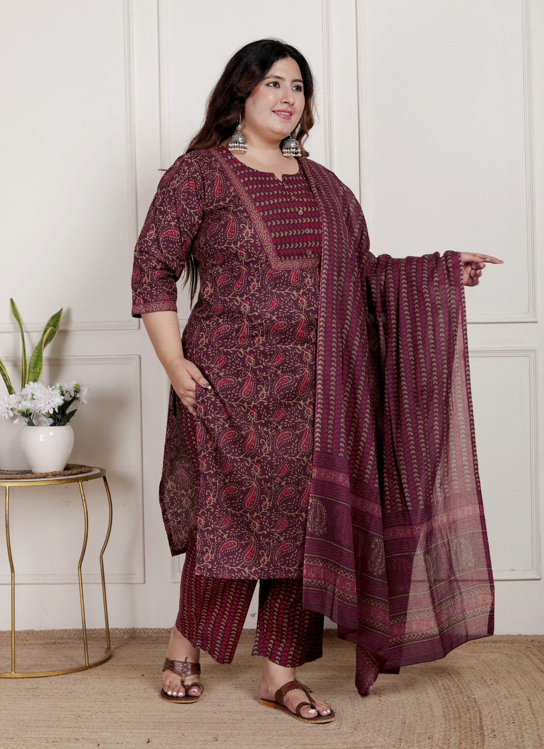 Plus Size Purple Cotton Printed Kurta Pant Set with Dupatta-200087