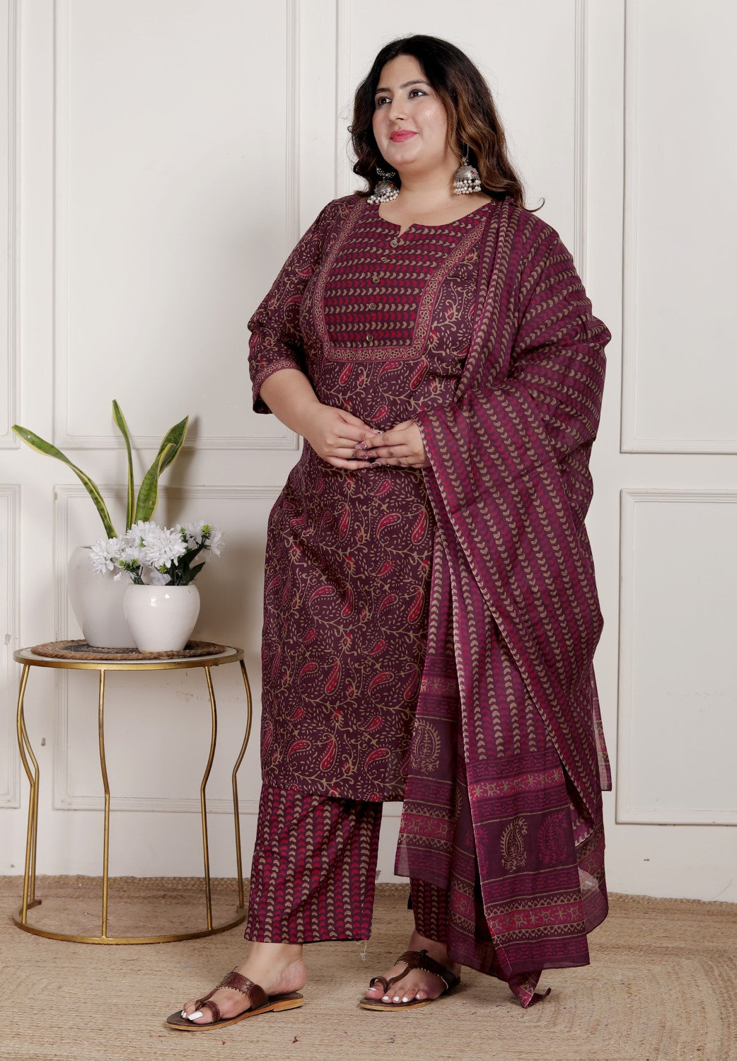 Plus Size Purple Cotton Printed Kurta Pant Set with Dupatta-200087