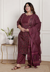 Plus Size Purple Cotton Printed Kurta Pant Set with Dupatta-200087