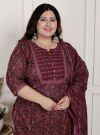 Plus Size Purple Cotton Printed Kurta Pant Set with Dupatta-200087