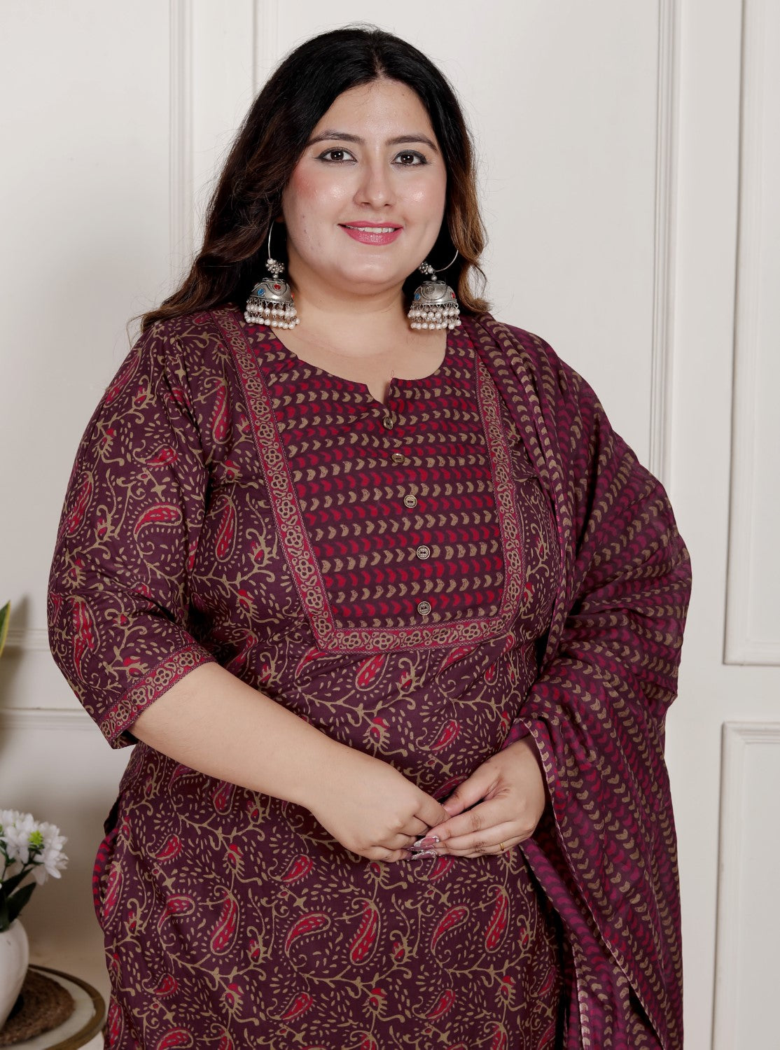 Plus Size Purple Cotton Printed Kurta Pant Set with Dupatta-200087