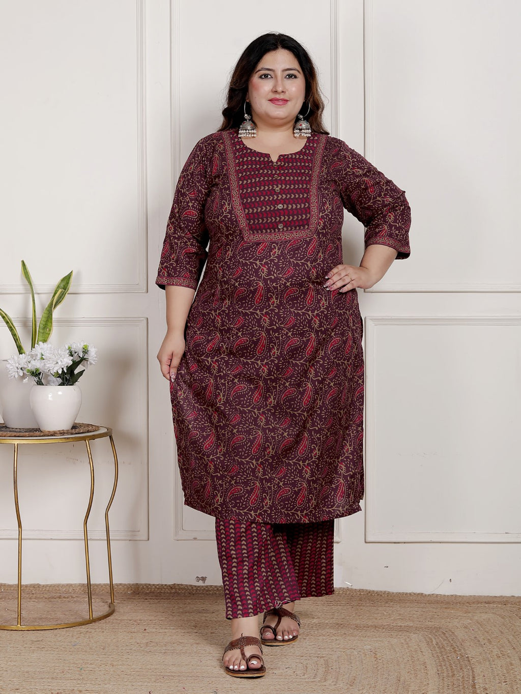 Plus Size Purple Cotton Printed Kurta Pant Set with Dupatta-200087