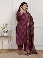 Plus Size Maroon Cotton Printed Kurta Pant Set with Dupatta-200088