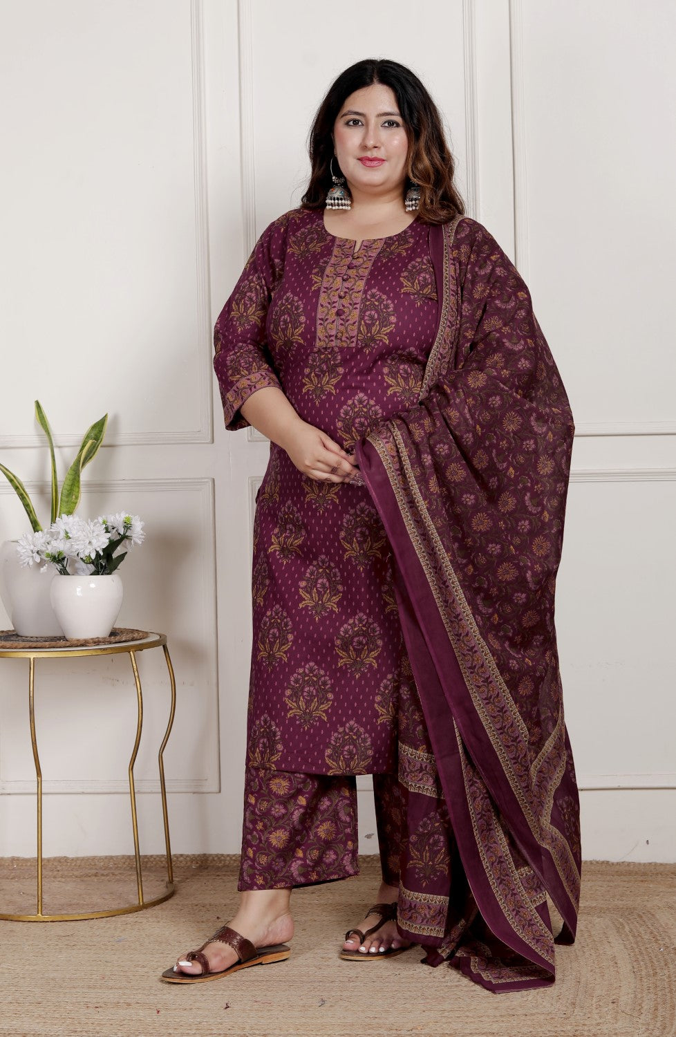 Plus Size Maroon Cotton Printed Kurta Pant Set with Dupatta-200088