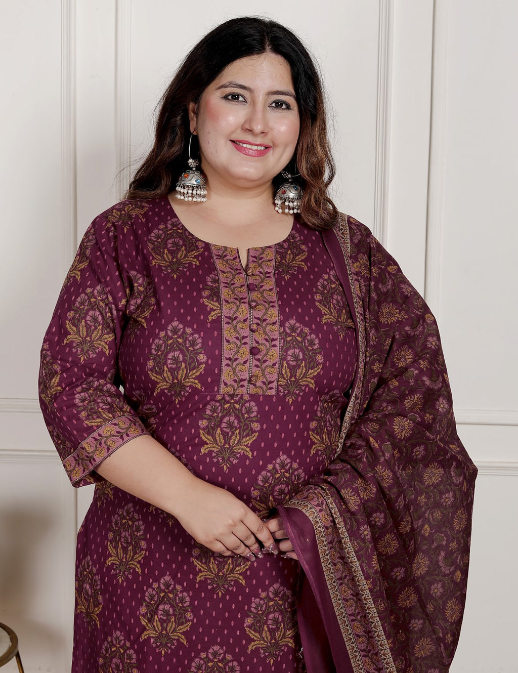 Plus Size Maroon Cotton Printed Kurta Pant Set with Dupatta-200088