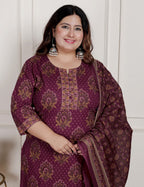 Plus Size Maroon Cotton Printed Kurta Pant Set with Dupatta-200088