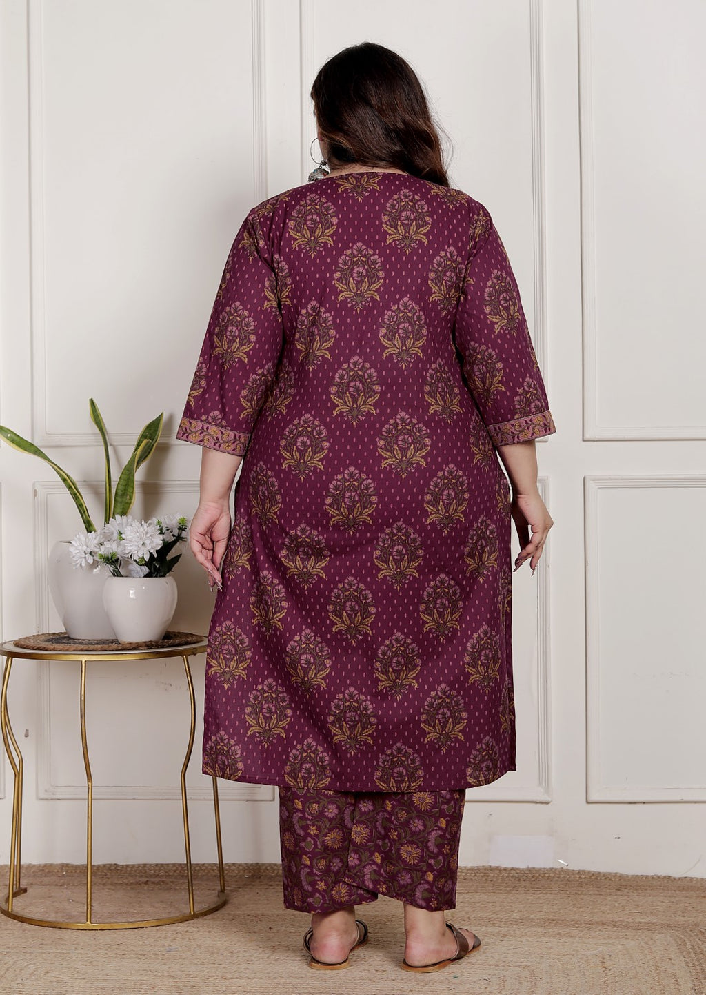 Plus Size Maroon Cotton Printed Kurta Pant Set with Dupatta-200088