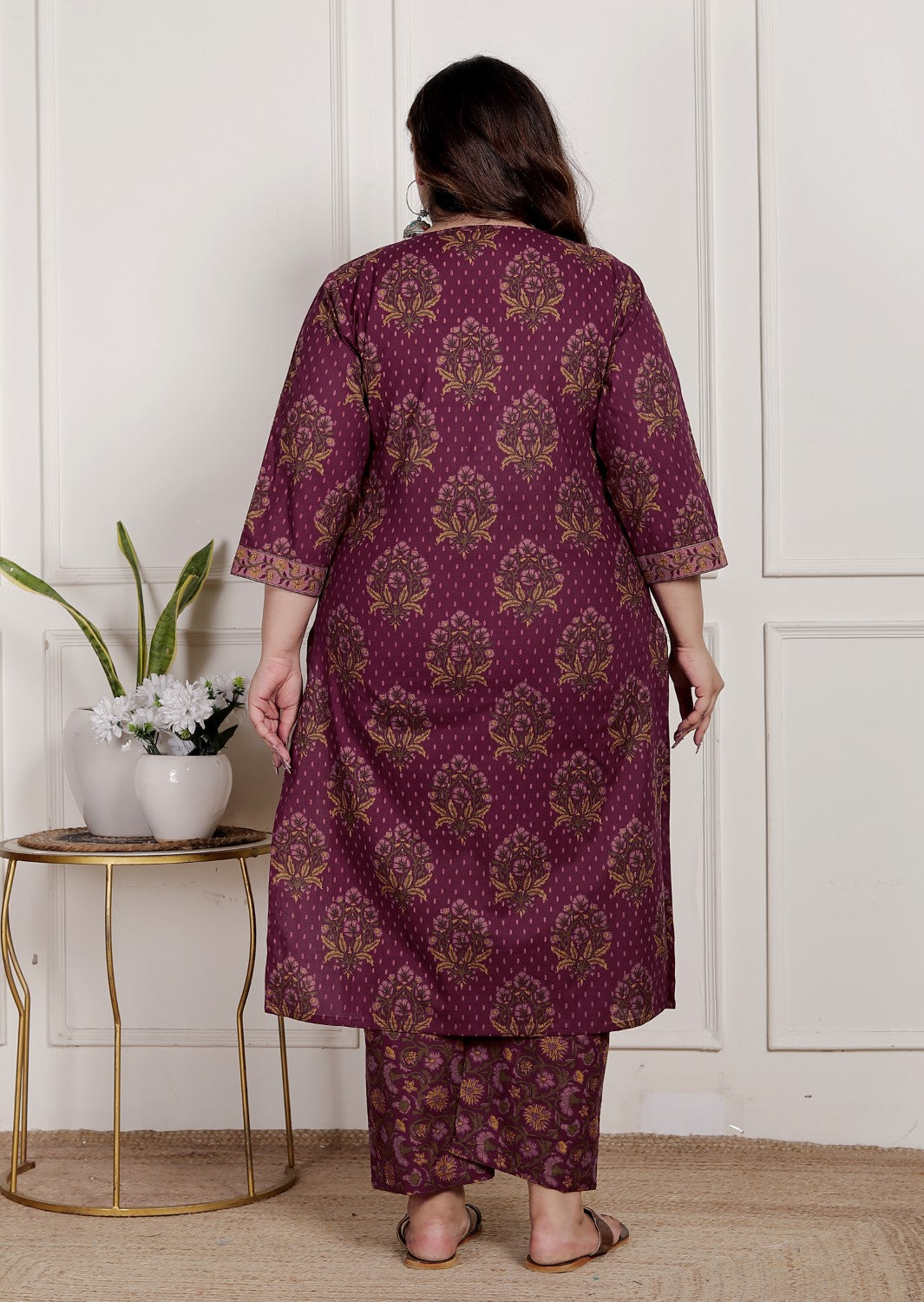 Plus Size Maroon Cotton Printed Kurta Pant Set with Dupatta-200088