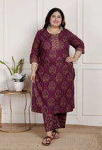 Plus Size Maroon Cotton Printed Kurta Pant Set with Dupatta-200088