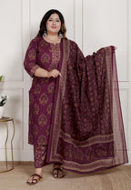 Plus Size Maroon Cotton Printed Kurta Pant Set with Dupatta-200088