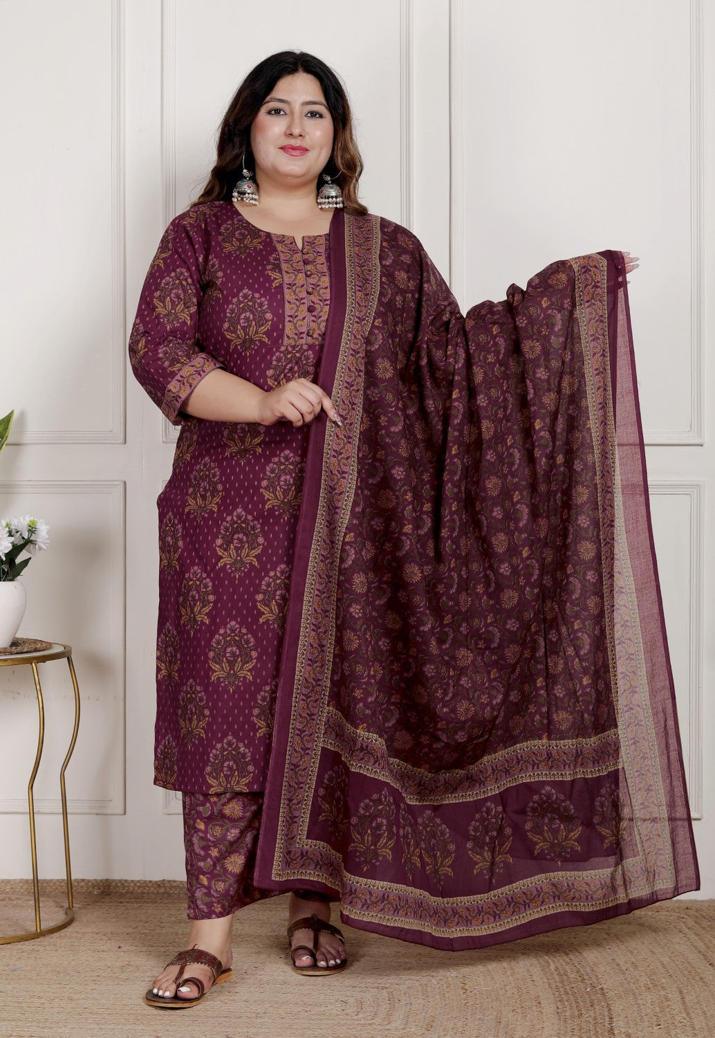 Plus Size Maroon Cotton Printed Kurta Pant Set with Dupatta-200088 Main image