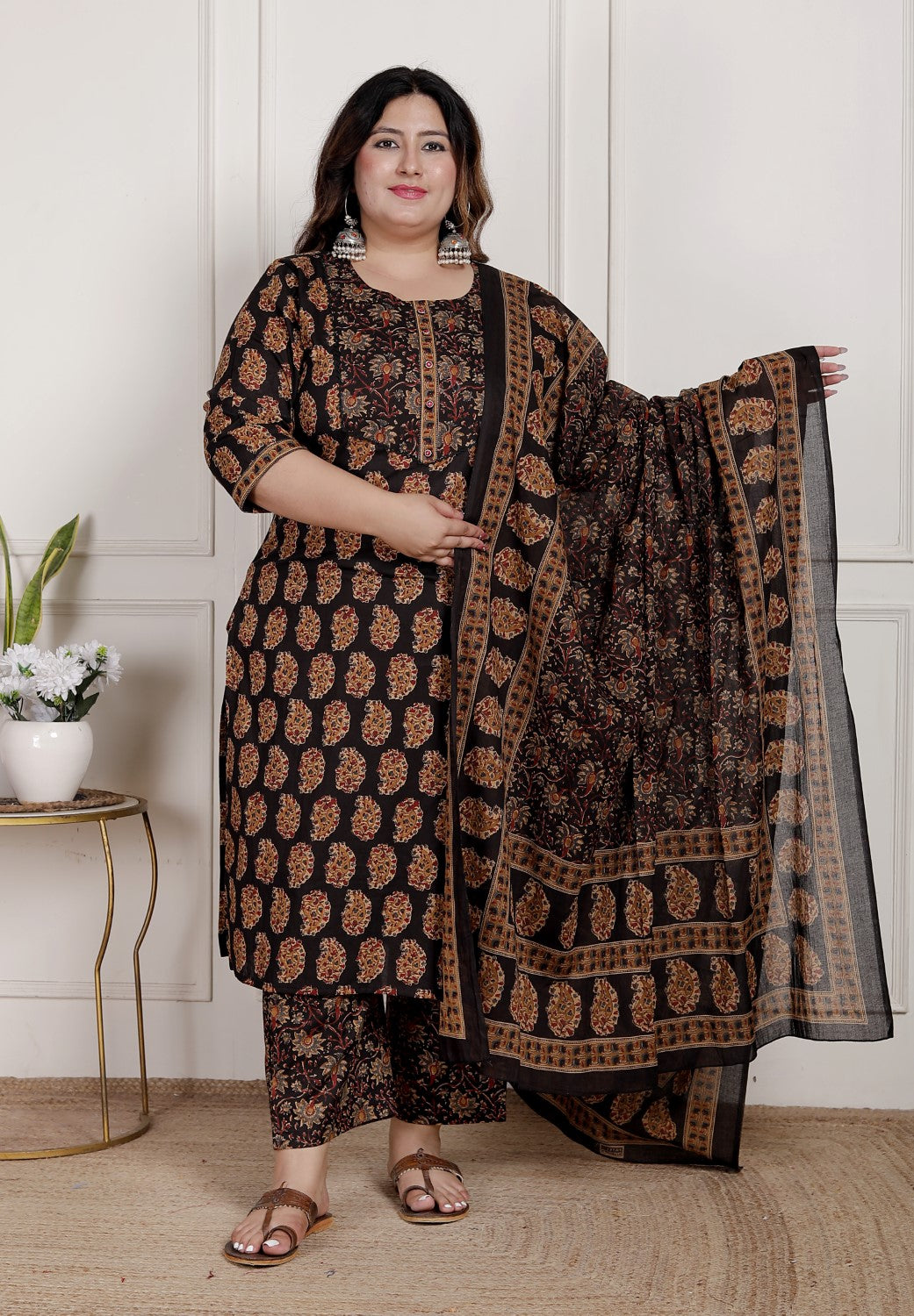 Plus Size Black Cotton Printed Kurta Pant Set with Dupatta-200089 Main image