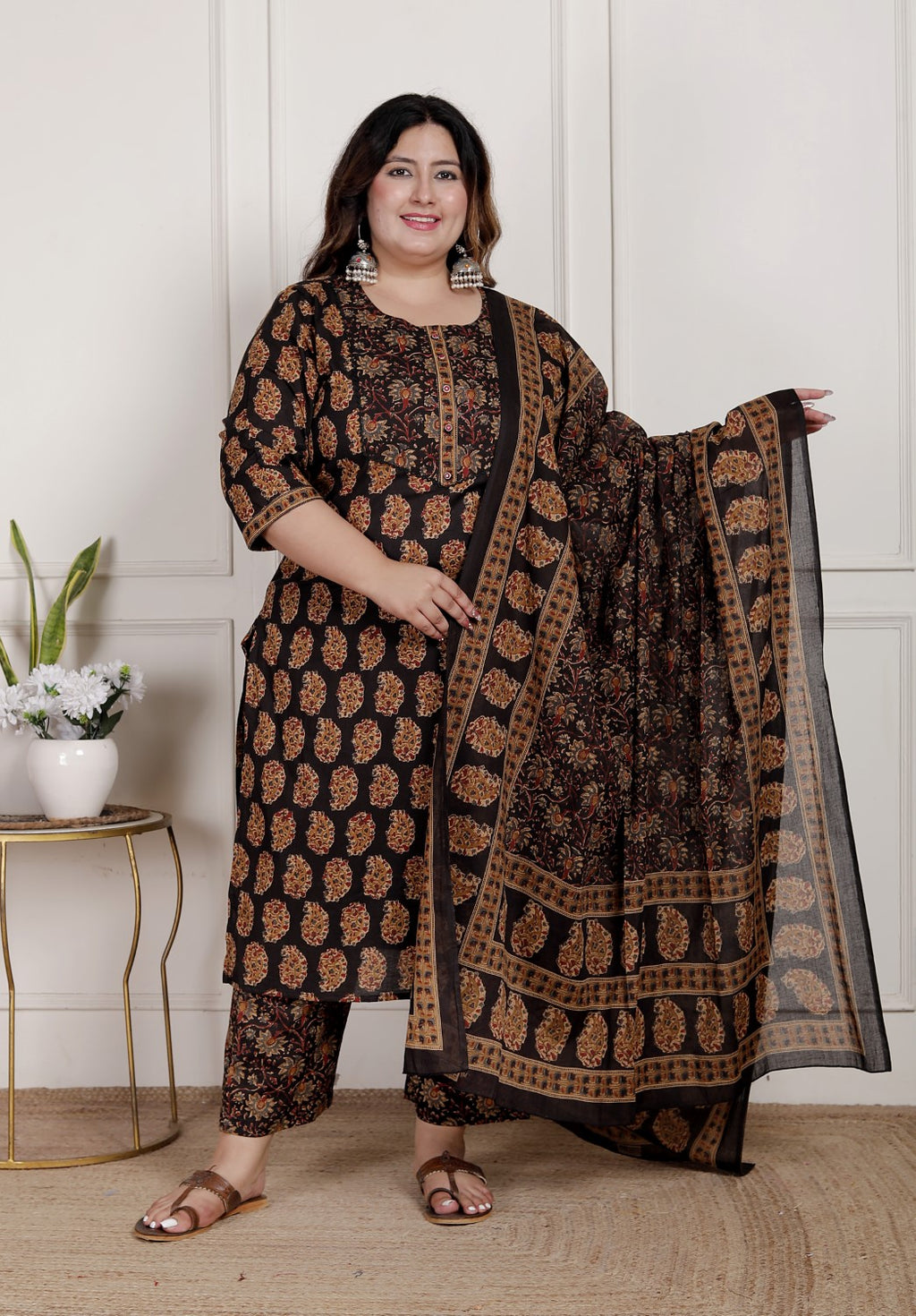 Plus Size Black Cotton Printed Kurta Pant Set with Dupatta-200089