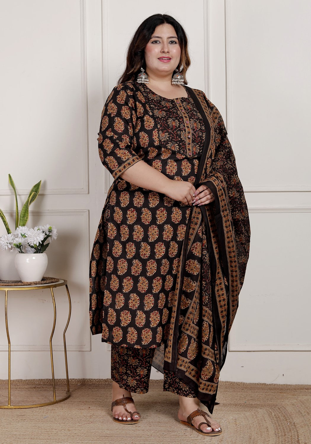 Plus Size Black Cotton Printed Kurta Pant Set with Dupatta-200089