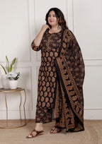 Plus Size Black Cotton Printed Kurta Pant Set with Dupatta-200089