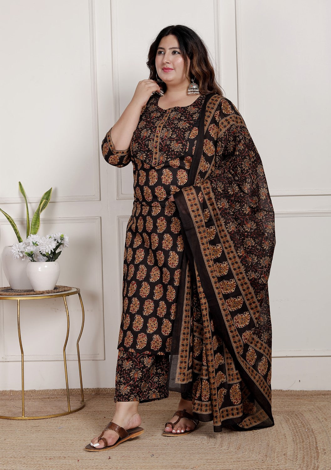 Plus Size Black Cotton Printed Kurta Pant Set with Dupatta-200089