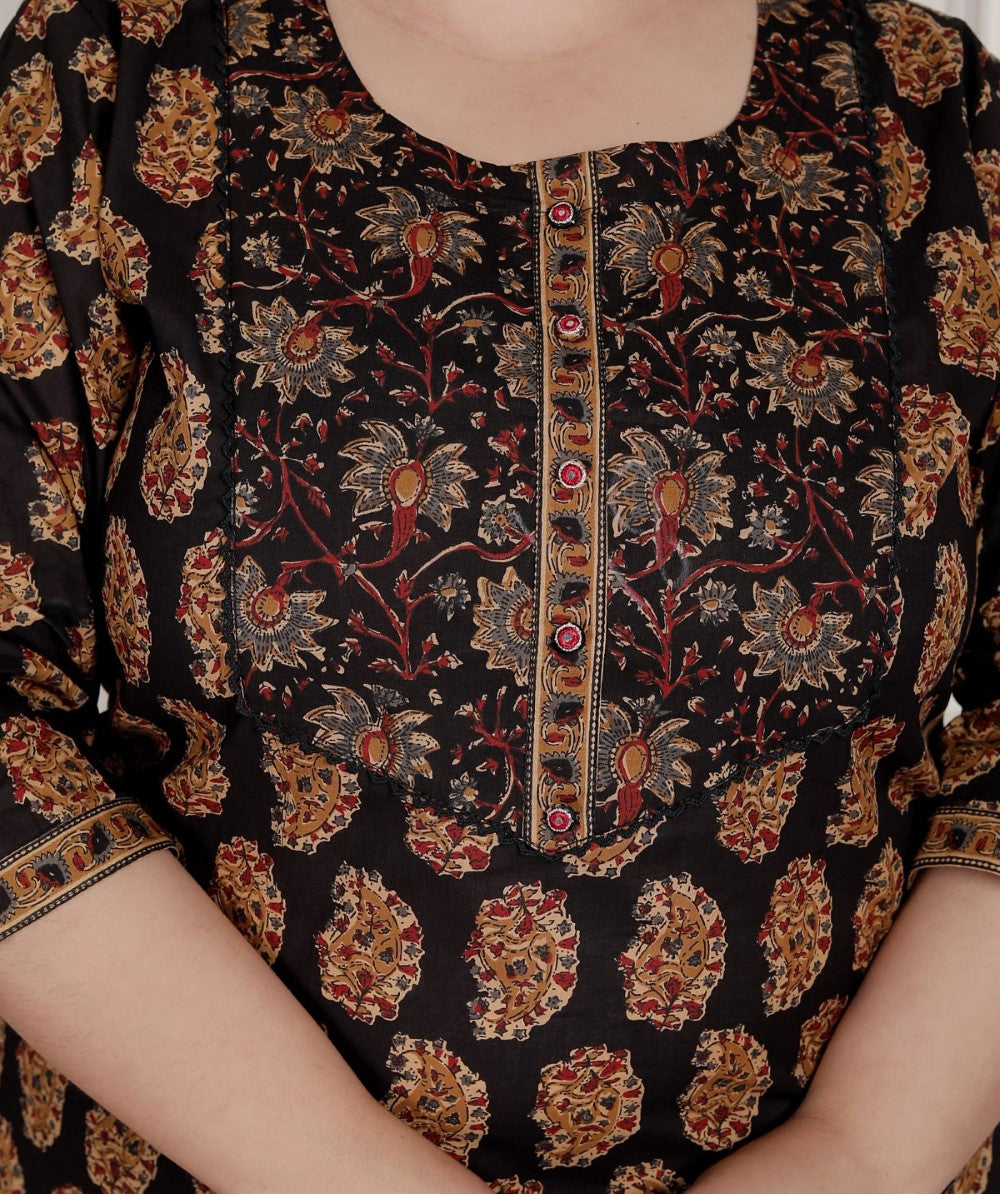 Plus Size Black Cotton Printed Kurta Pant Set with Dupatta-200089