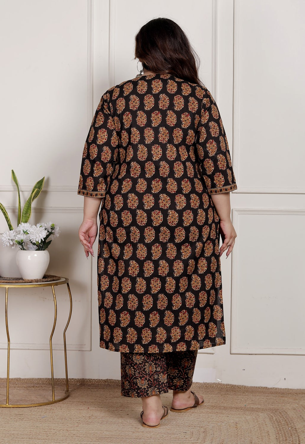 Plus Size Black Cotton Printed Kurta Pant Set with Dupatta-200089