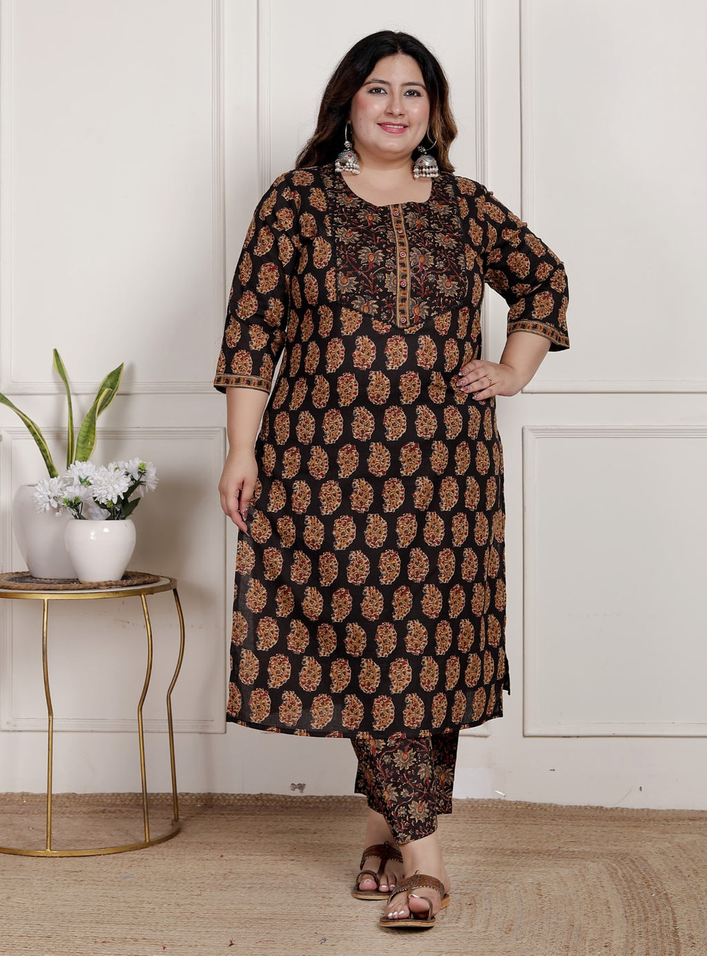 Plus Size Black Cotton Printed Kurta Pant Set with Dupatta-200089