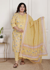 Plus Size Yellow Cotton Printed Kurta Pant Set with Dupatta-200090
