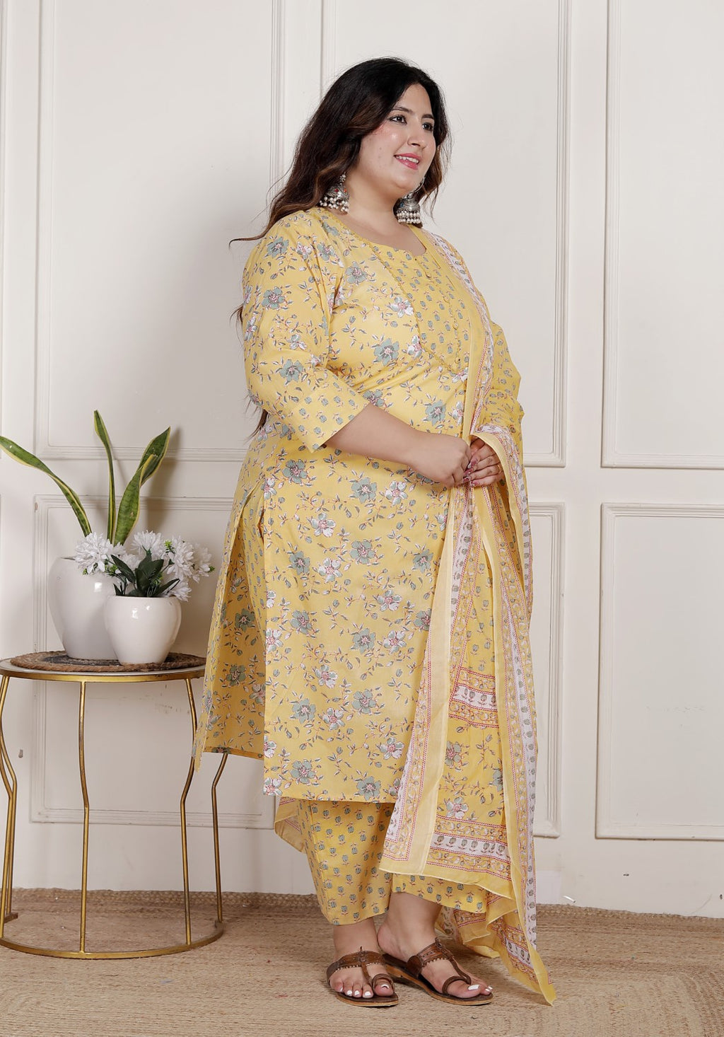 Plus Size Yellow Cotton Printed Kurta Pant Set with Dupatta-200090