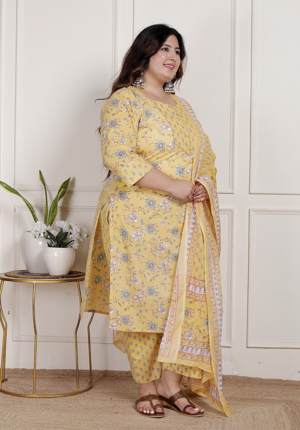 Plus Size Yellow Cotton Printed Kurta Pant Set with Dupatta-200090