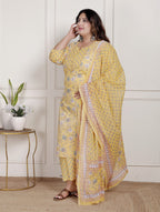 Plus Size Yellow Cotton Printed Kurta Pant Set with Dupatta-200090