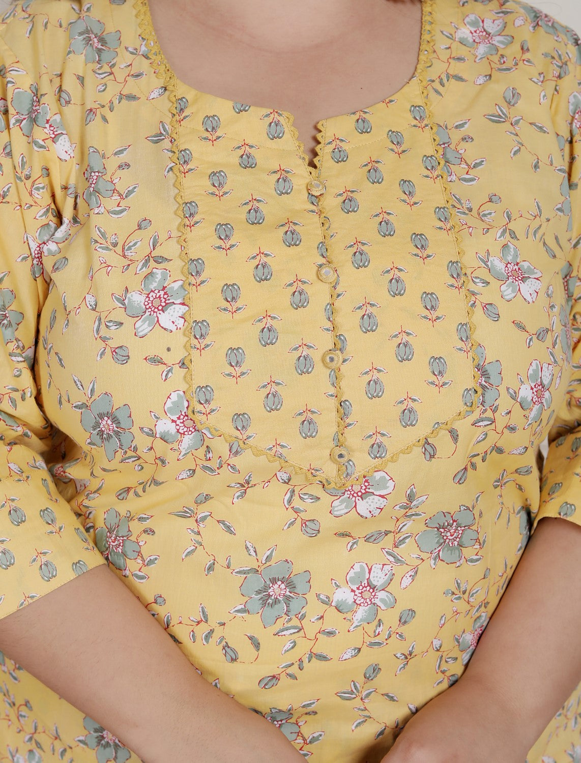 Plus Size Yellow Cotton Printed Kurta Pant Set with Dupatta-200090