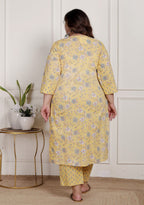 Plus Size Yellow Cotton Printed Kurta Pant Set with Dupatta-200090