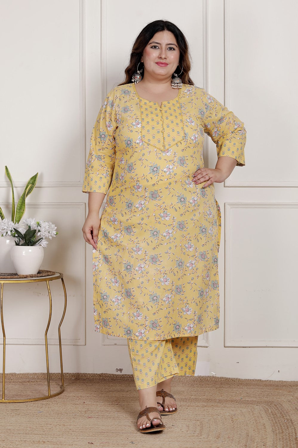 Plus Size Yellow Cotton Printed Kurta Pant Set with Dupatta-200090