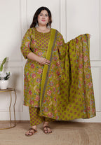 Plus Size Green Cotton Printed Kurta Pant Set with Dupatta-200091