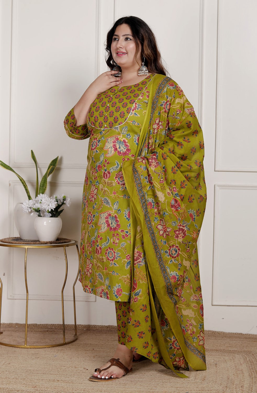 Plus Size Green Cotton Printed Kurta Pant Set with Dupatta-200091