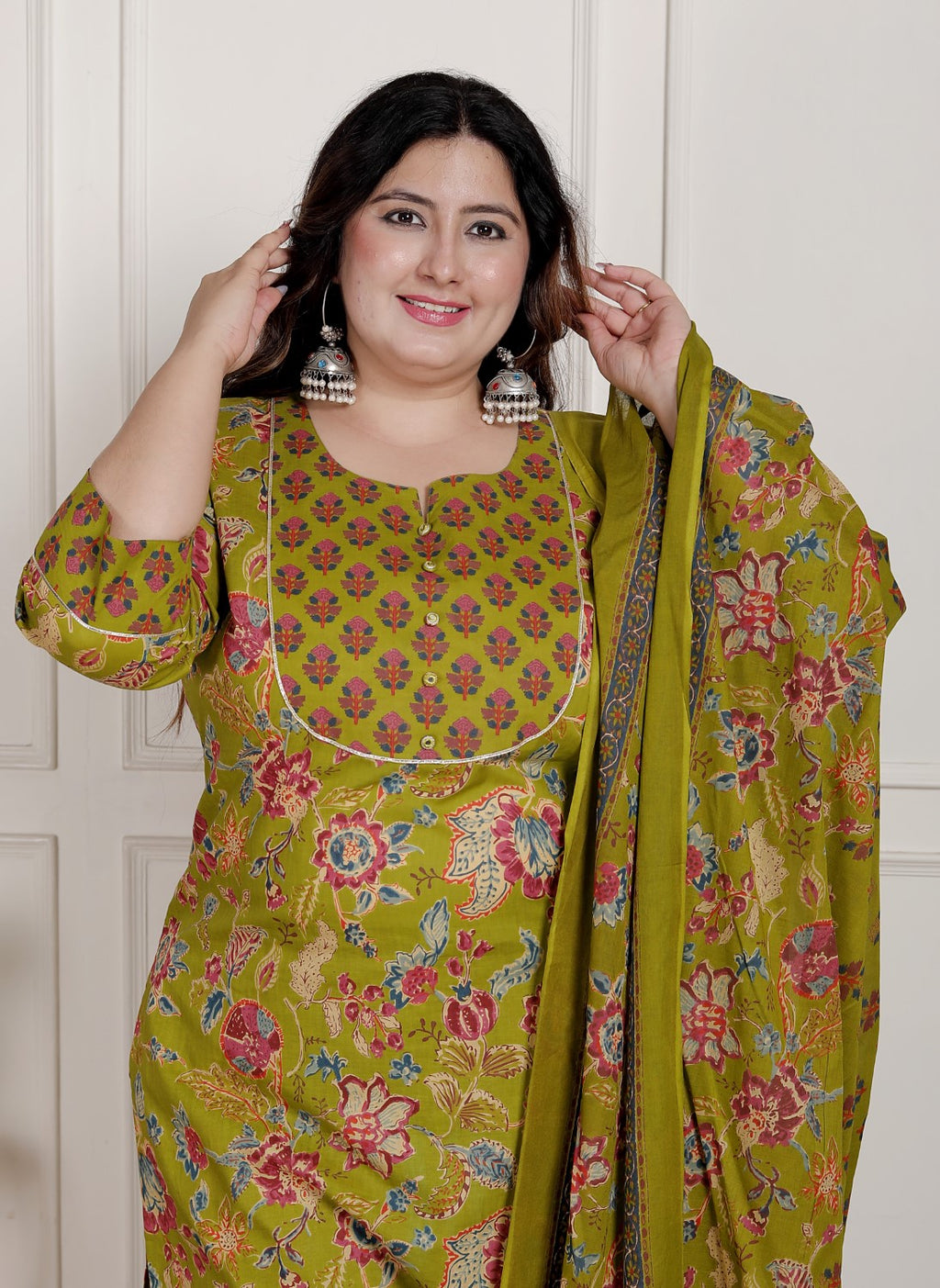 Plus Size Green Cotton Printed Kurta Pant Set with Dupatta-200091