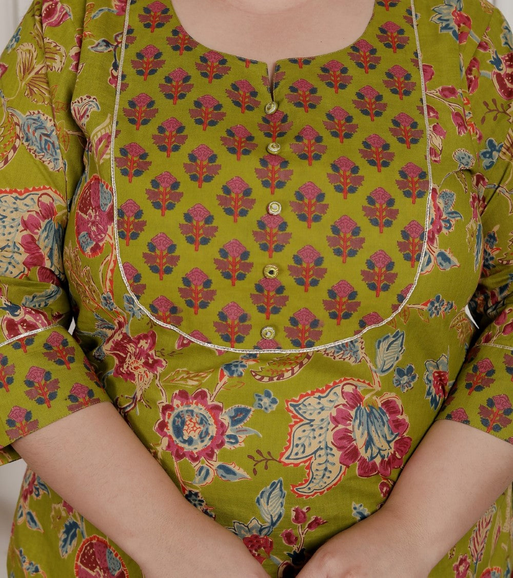 Plus Size Green Cotton Printed Kurta Pant Set with Dupatta-200091