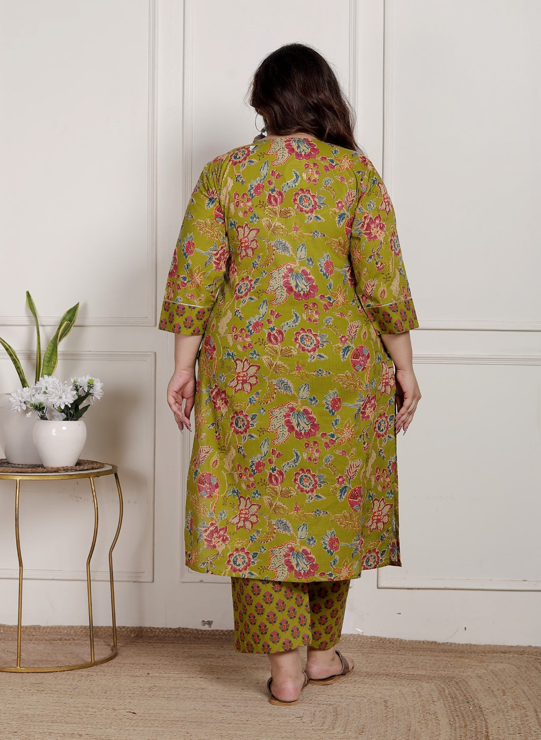 Plus Size Green Cotton Printed Kurta Pant Set with Dupatta-200091