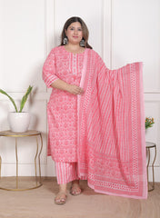 Plus Size Peach Cotton Printed Kurta Pant Set with Dupatta-200092