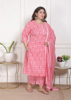Plus Size Peach Cotton Printed Kurta Pant Set with Dupatta-200092