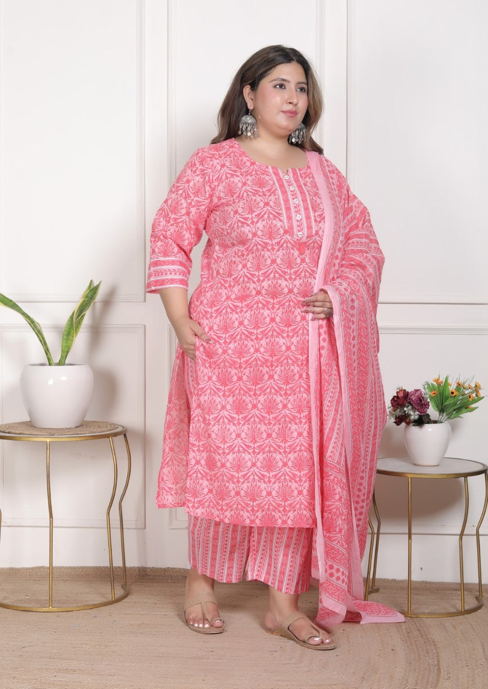 Plus Size Peach Cotton Printed Kurta Pant Set with Dupatta-200092