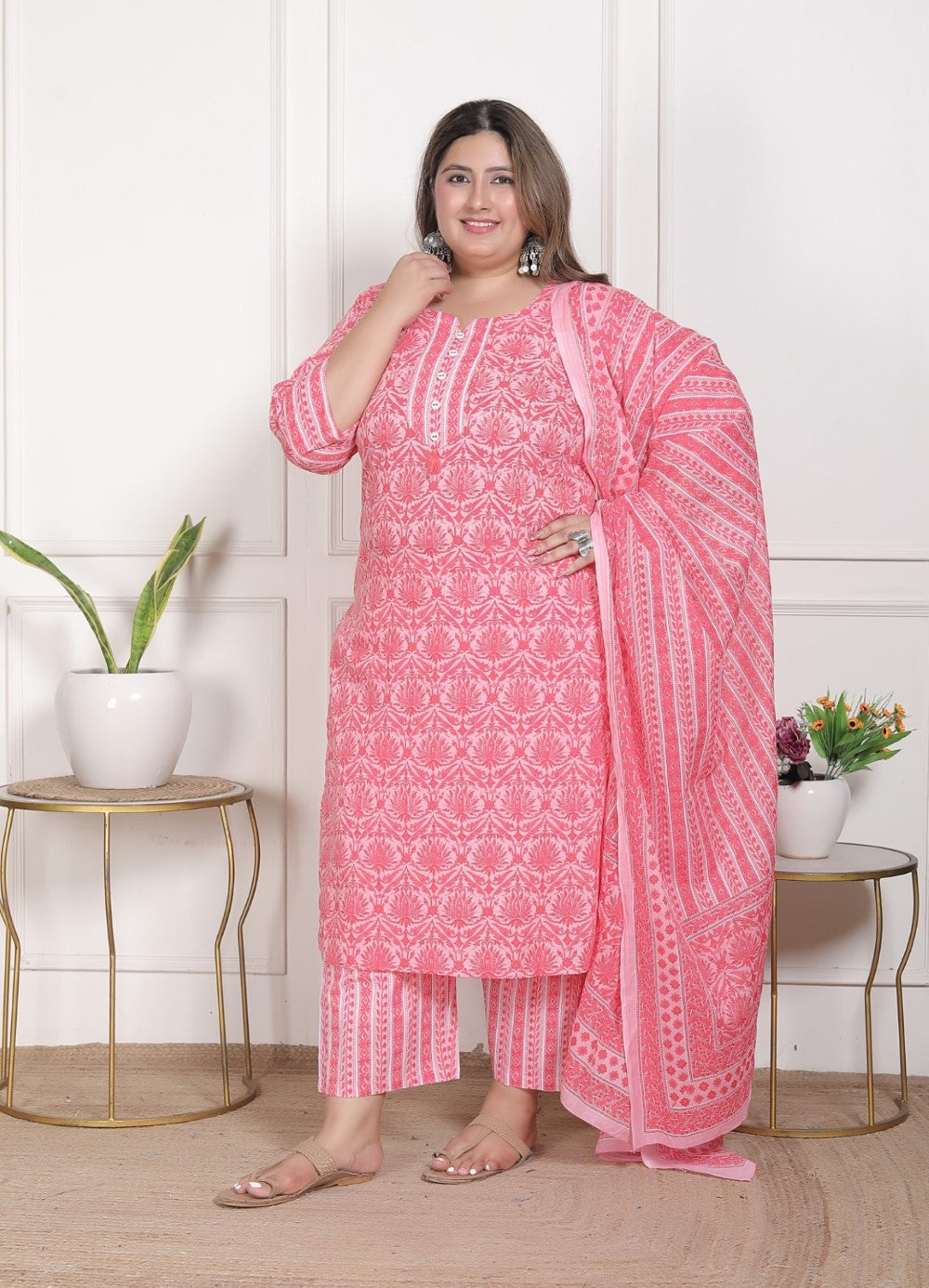 Plus Size Peach Cotton Printed Kurta Pant Set with Dupatta-200092