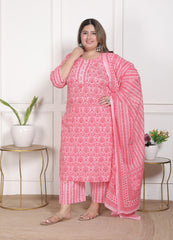 Plus Size Peach Cotton Printed Kurta Pant Set with Dupatta-200092