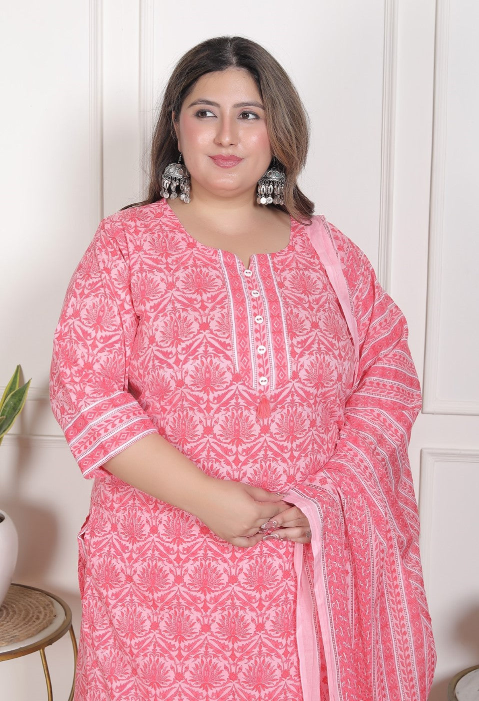 Plus Size Peach Cotton Printed Kurta Pant Set with Dupatta-200092