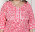 Plus Size Peach Cotton Printed Kurta Pant Set with Dupatta-200092