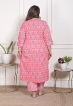 Plus Size Peach Cotton Printed Kurta Pant Set with Dupatta-200092