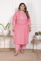 Plus Size Peach Cotton Printed Kurta Pant Set with Dupatta-200092