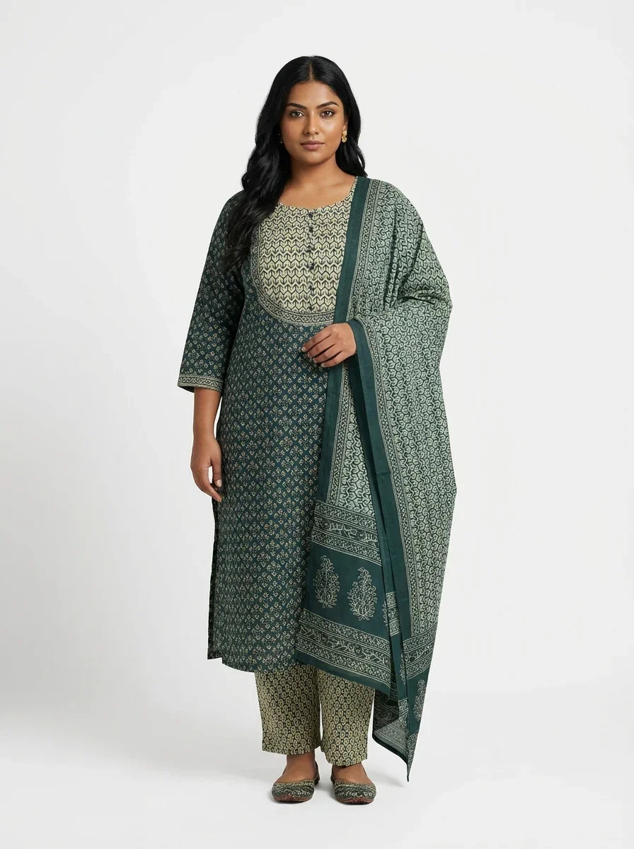 Plus Size Green Cotton Printed Kurta Pant Set with Dupatta-200093 Main image