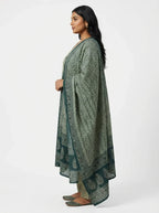 Plus Size Green Cotton Printed Kurta Pant Set with Dupatta-200093