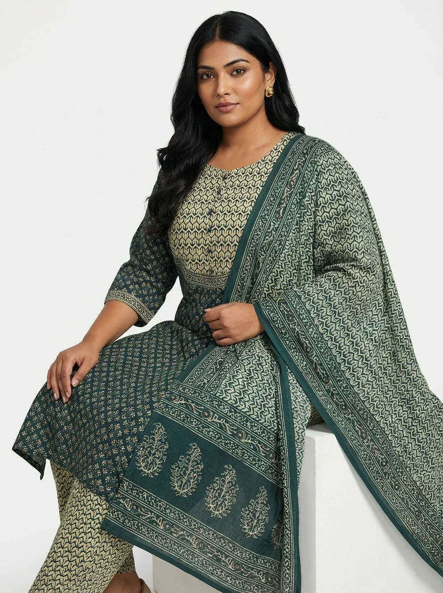 Plus Size Green Cotton Printed Kurta Pant Set with Dupatta-200093